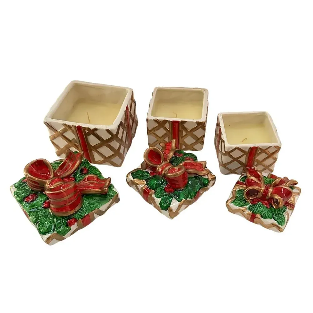 Christmas Candle Set of 3 Hand Painted‎ Ceramic Holiday Gift Box Shaped Candles